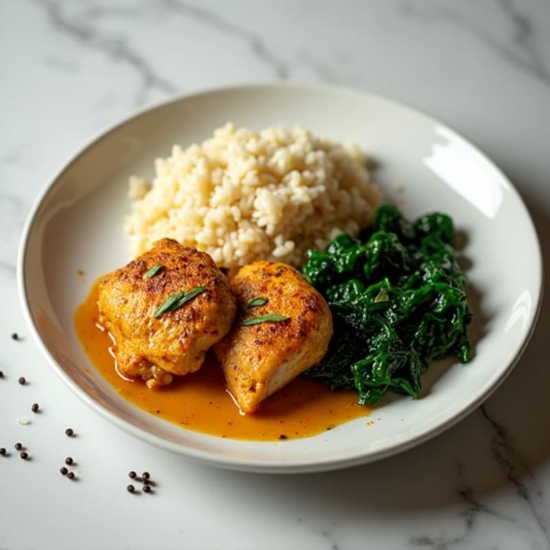 Curry-Spiced Chicken Thighs with Steamed Jasmine Rice and Sautéed Spinach
