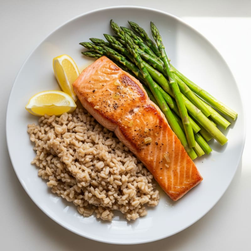 Seared Salmon Fillet with Steamed Asparagus and Brown Rice