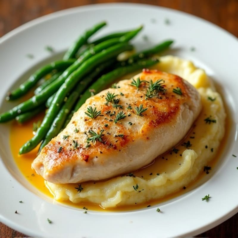Garlic Herb Roasted Chicken with Creamy Garlic Mashed Potatoes and Roasted Green Beans