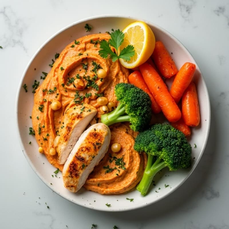 Lemon-Herb Chicken with Creamy Roasted Red Pepper Hummus and Roasted Vegetables