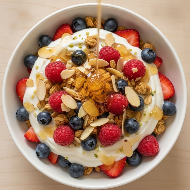Greek Yogurt Protein Parfait with Mixed Berries and Almonds