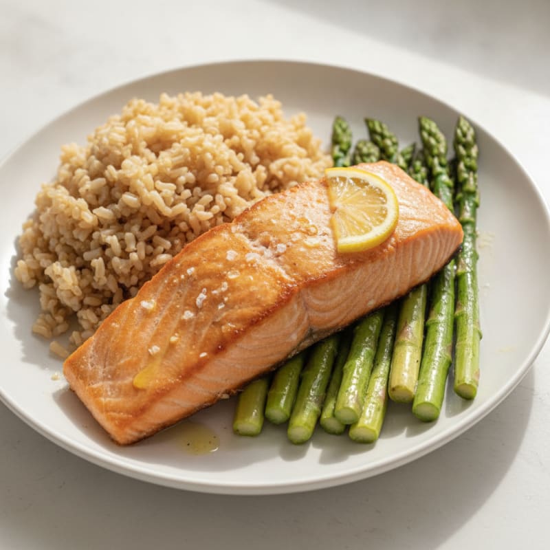 Seared Salmon with Steamed Asparagus and Brown Rice