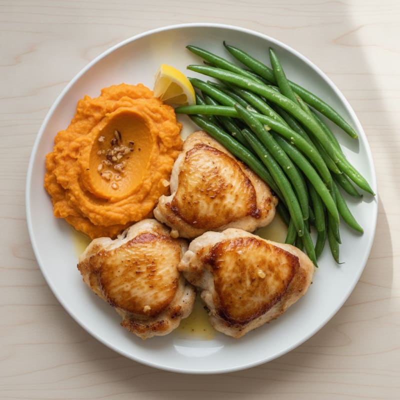 Seared Chicken Thighs with Steamed Green Beans and Sweet Potato Mash
