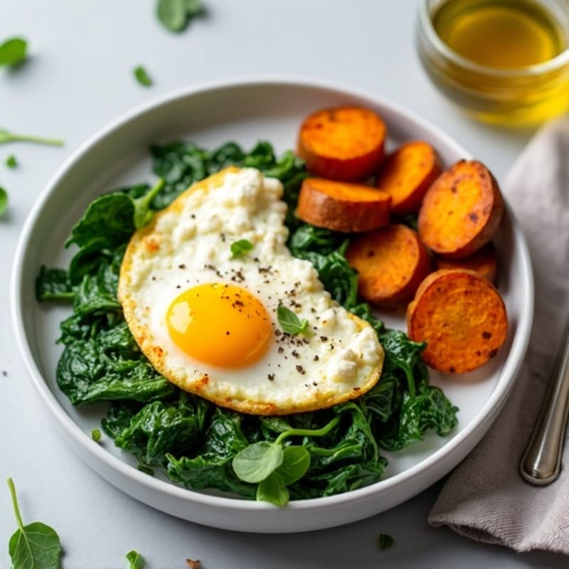 Cottage Cheese and Egg White Scramble with Spinach and Roasted Sweet Potatoes