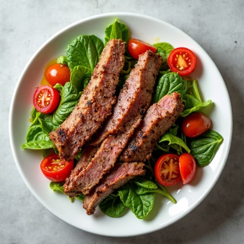 Crispy Seared Steak Strips with Mixed Greens and Cherry Tomatoes