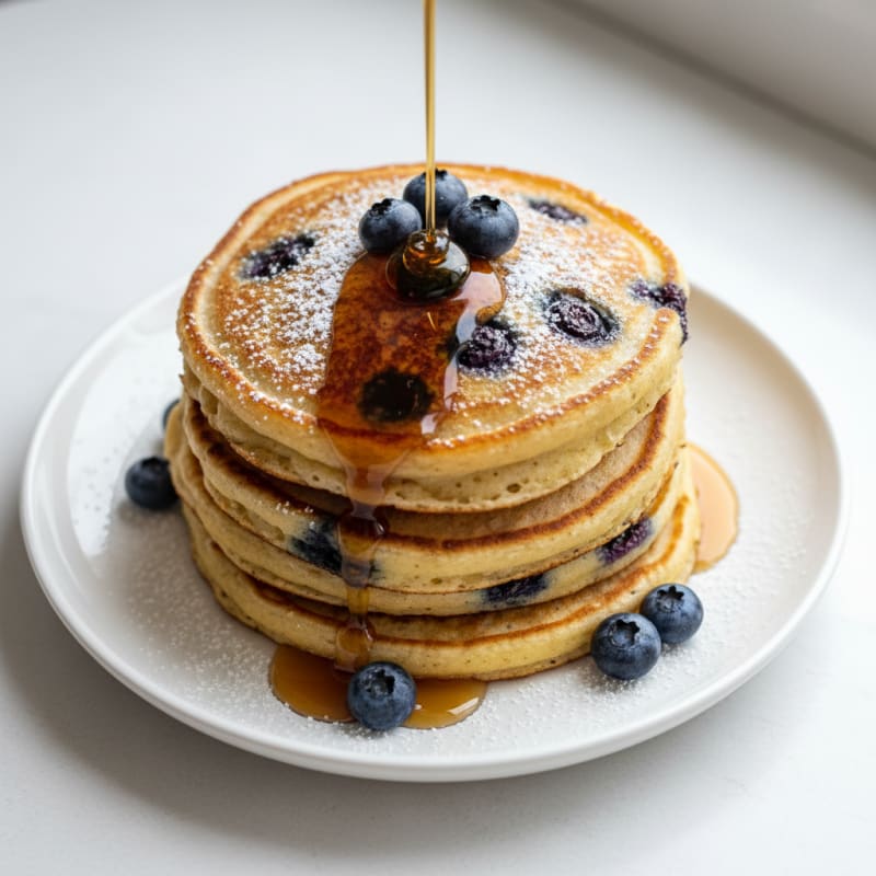 Blueberry Ricotta Pancakes with Maple Syrup