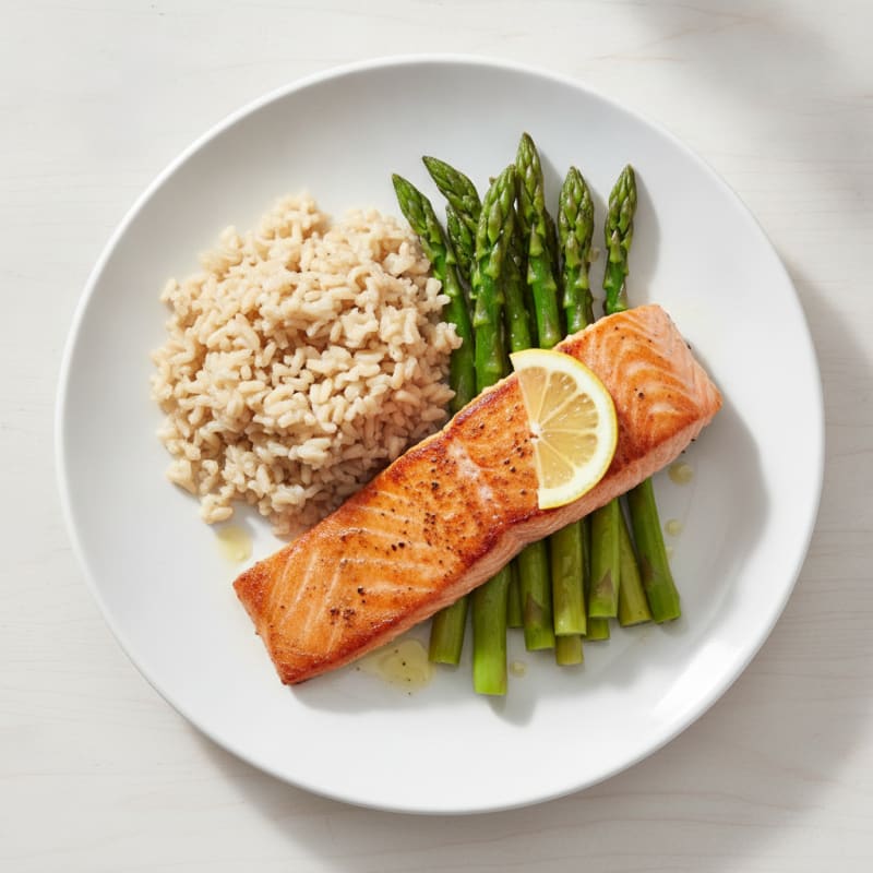 Pan-Seared Salmon with Steamed Asparagus and Brown Rice
