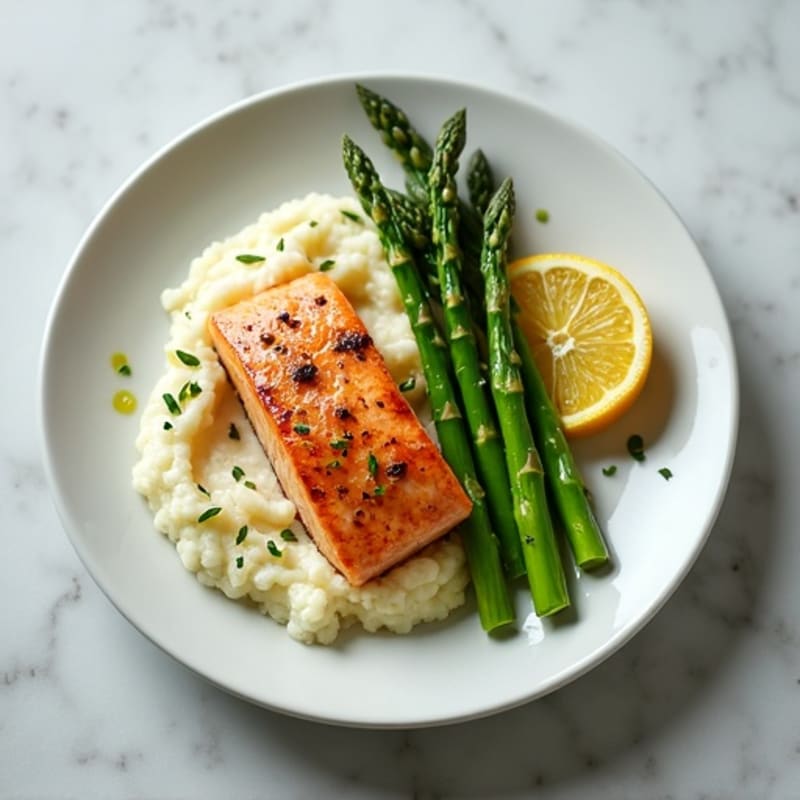 Seared Salmon with Steamed Asparagus and Cauliflower Mash