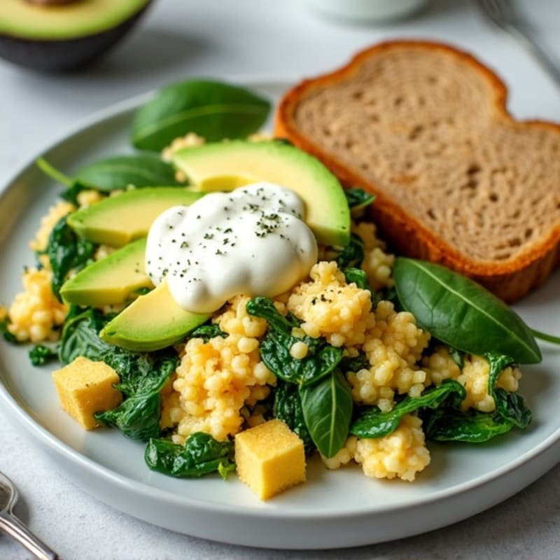 Egg White and Spinach Scramble with Cottage Cheese and Avocado