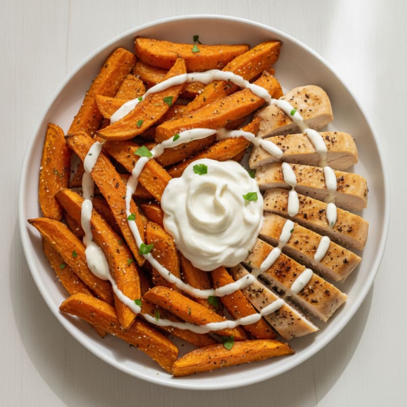 Baked Sweet Potato Fries with Garlic Aioli and Roasted Chicken