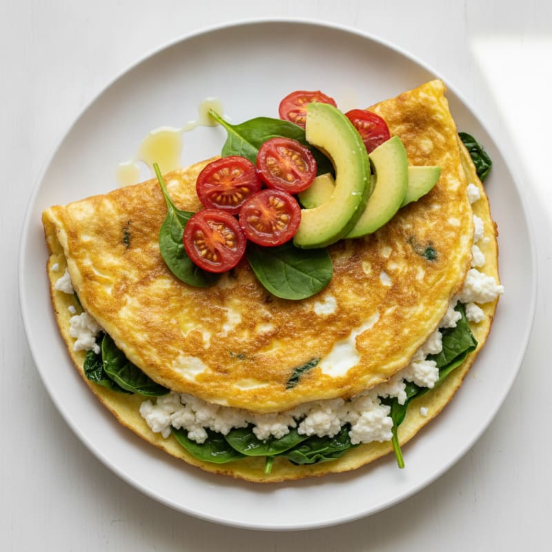 Egg White Spinach Omelette with Cottage Cheese and Cherry Tomatoes