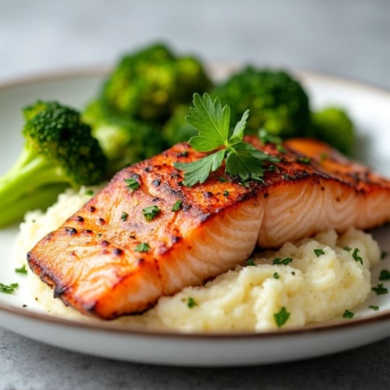 Seared Salmon Fillet with Roasted Broccoli and Garlic Mashed Potatoes