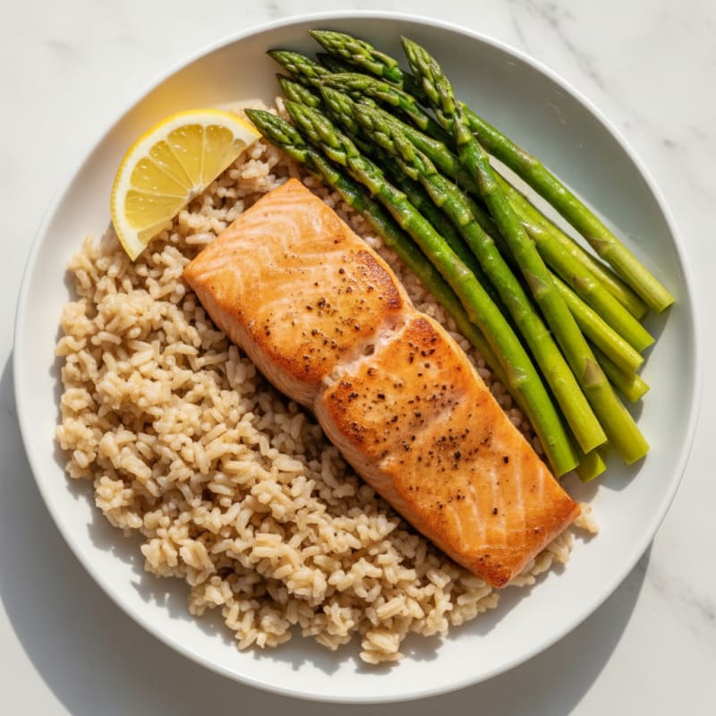 Seared Salmon Fillet with Steamed Asparagus and Brown Rice