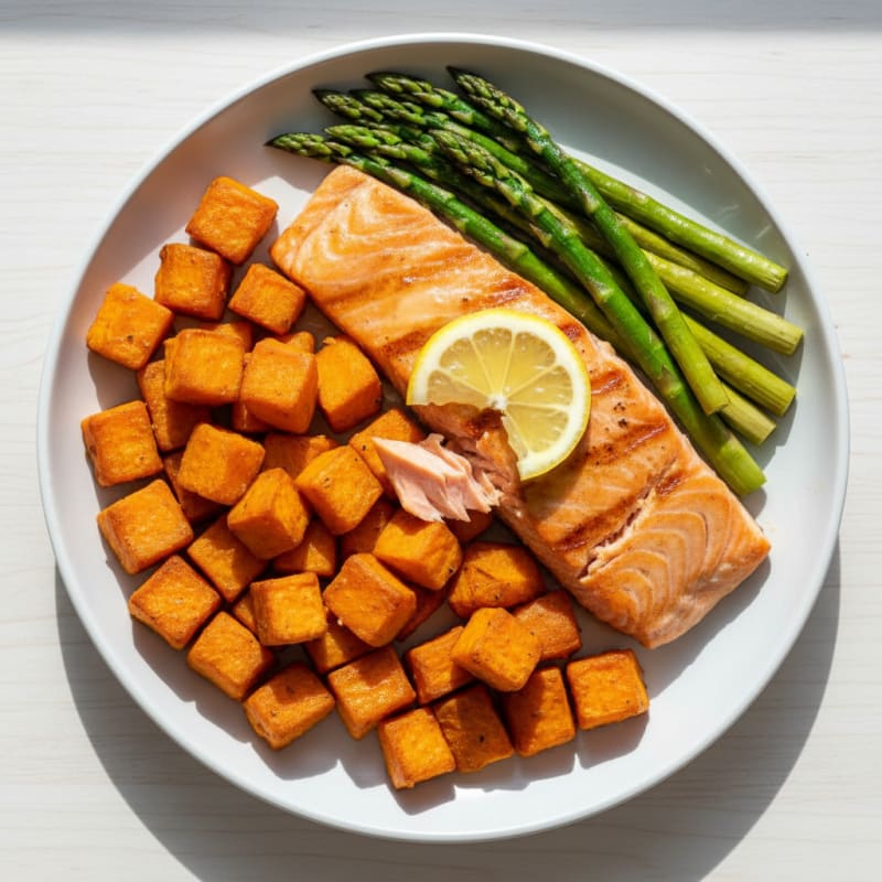 Seared Salmon with Roasted Sweet Potato and Asparagus