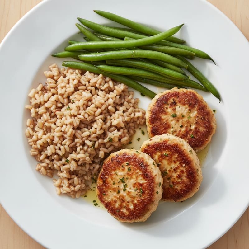 Seared Turkey Patties with Steamed Green Beans and Brown Rice