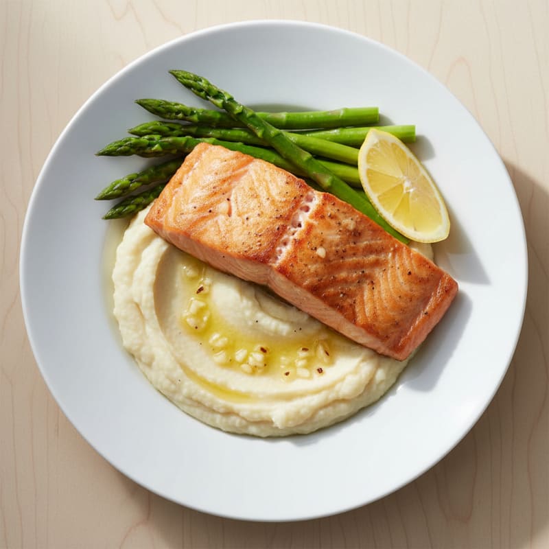 Seared Salmon with Steamed Asparagus and Cauliflower Mash