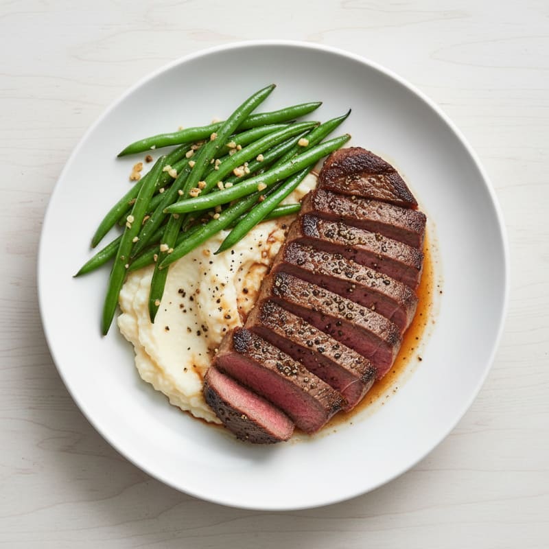 Seared Lean Beef Steak with Garlic Green Beans and Cauliflower Mash