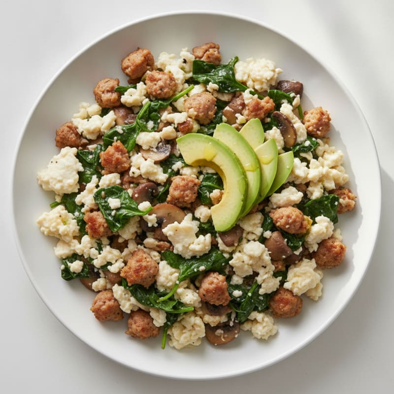 Egg White and Turkey Sausage Scramble with Spinach and Mushrooms