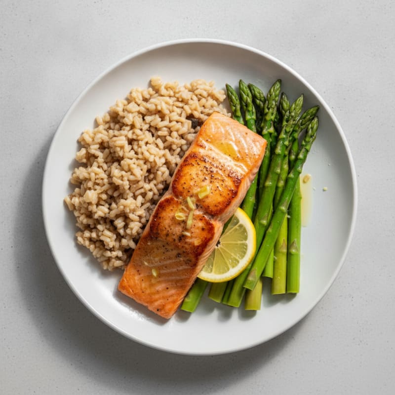 Seared Salmon with Steamed Asparagus and Brown Rice
