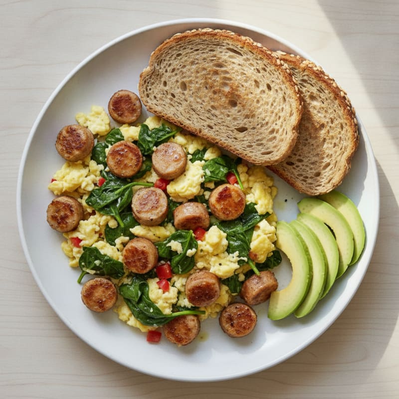 Crispy Chicken Sausage and Spinach Egg Scramble