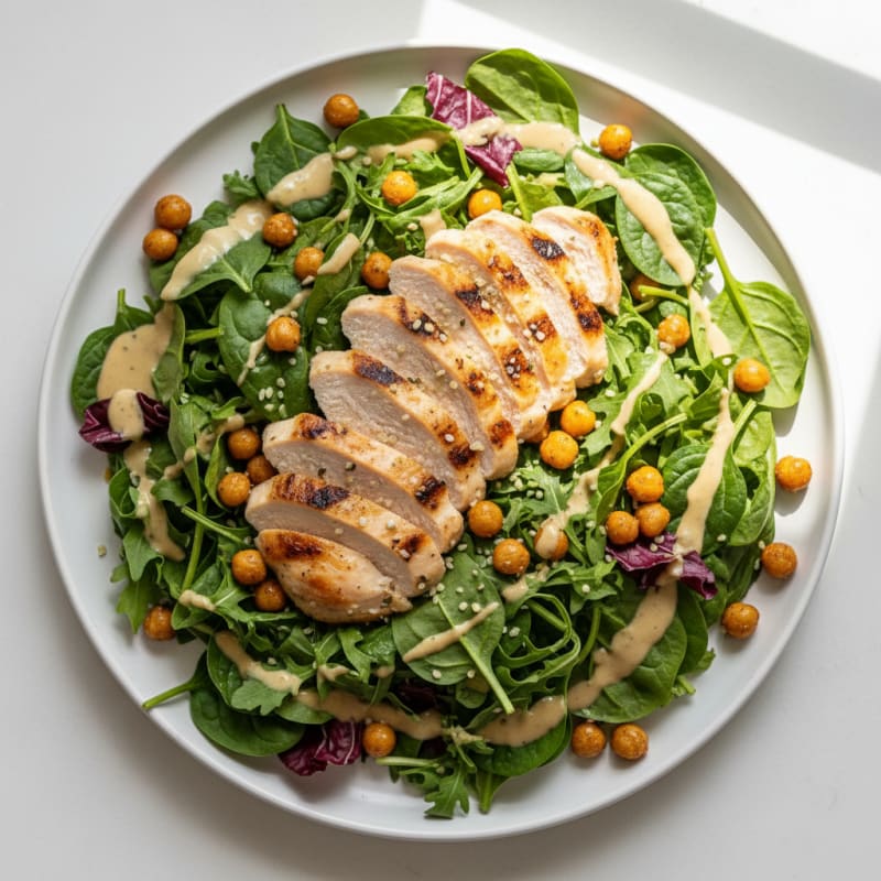 Grilled Chicken Breast Salad with Crunchy Chickpeas and Lemon Tahini Dressing