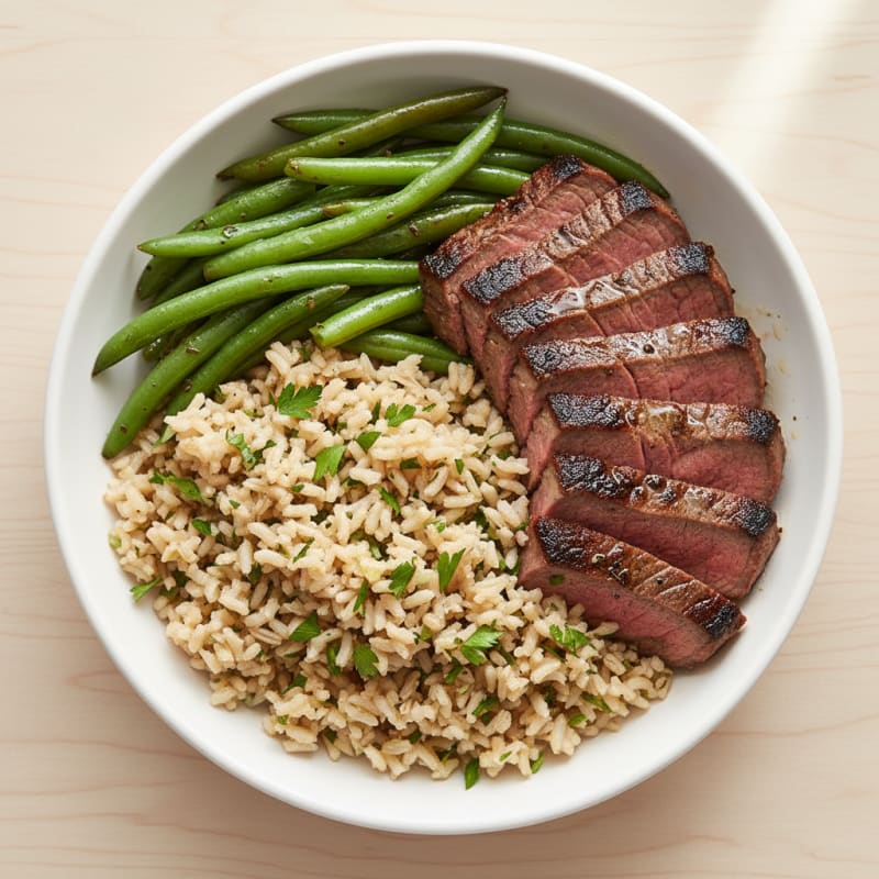 Grilled Steak and Green Bean Bowl with Herbed Rice