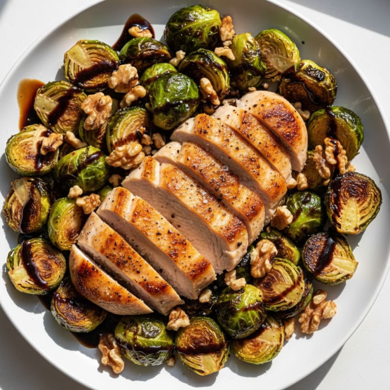 Roasted Brussels Sprouts with Balsamic Glaze and Seared Chicken