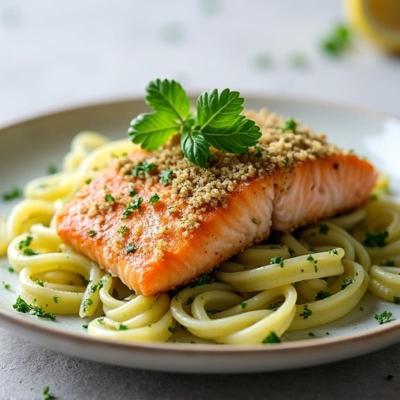 Herb-Crusted Lemon Garlic Salmon with Creamy Pesto Pasta