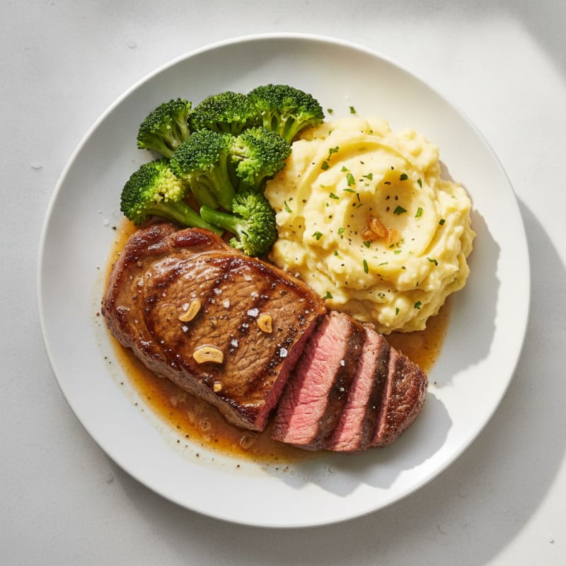 Pan-Seared NY Strip with Garlic Mashed Potatoes