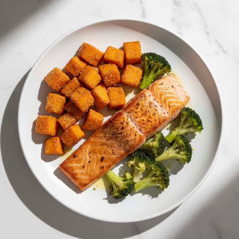 Seared Salmon with Roasted Sweet Potatoes and Steamed Broccoli