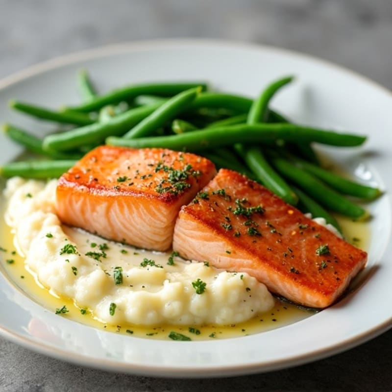 Seared Salmon Fillet with Garlic Green Beans and Cauliflower Mash