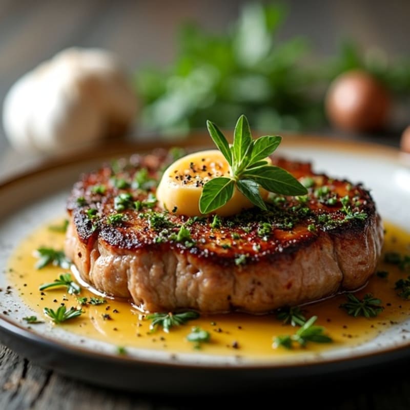 Herb-Crusted Pan Seared Steak with Roasted Garlic