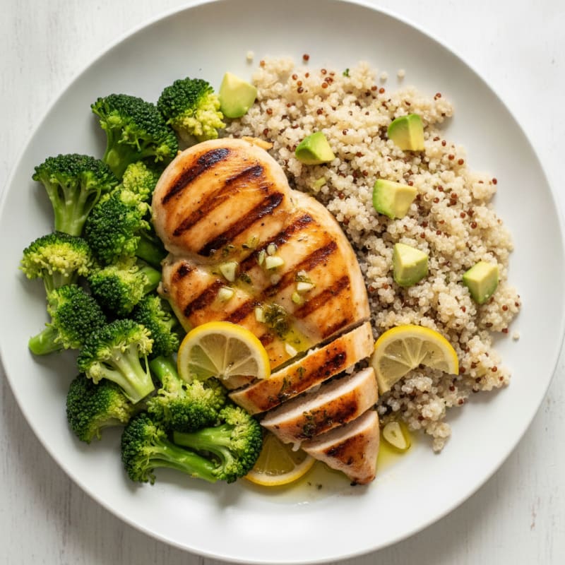 Grilled Lemon Garlic Chicken Breast with Quinoa and Steamed Broccoli