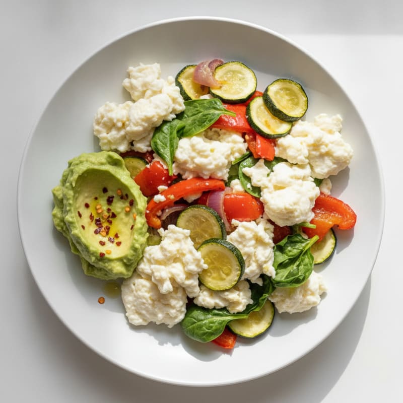 Egg White Scramble with Roasted Vegetables and Smashed Avocado