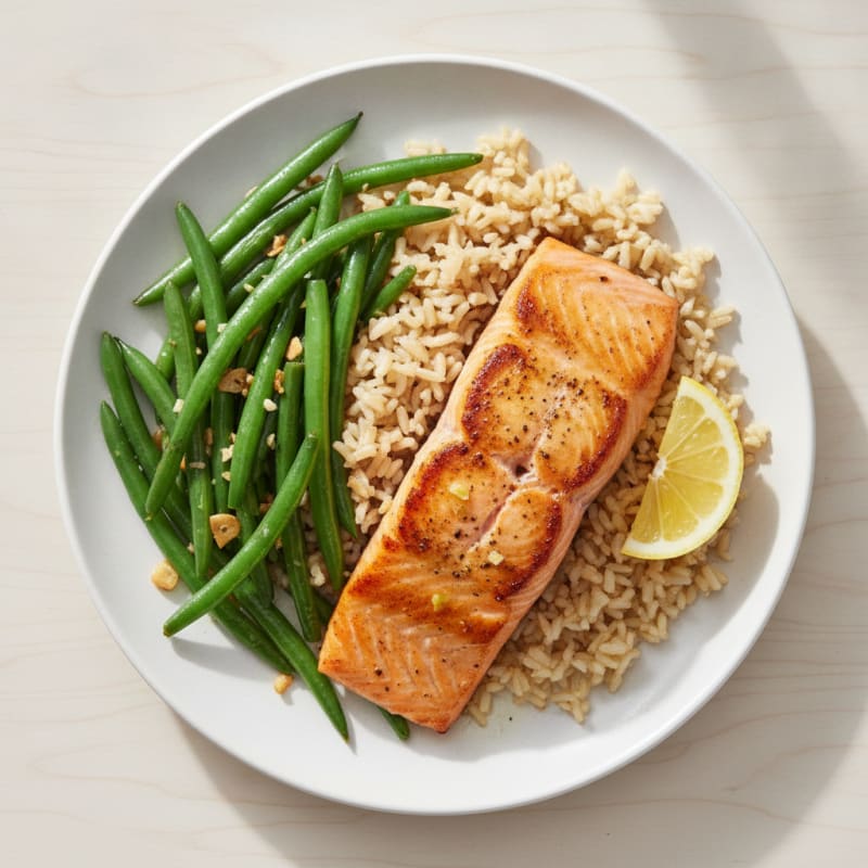 Seared Salmon Fillet with Garlic Green Beans and Brown Rice