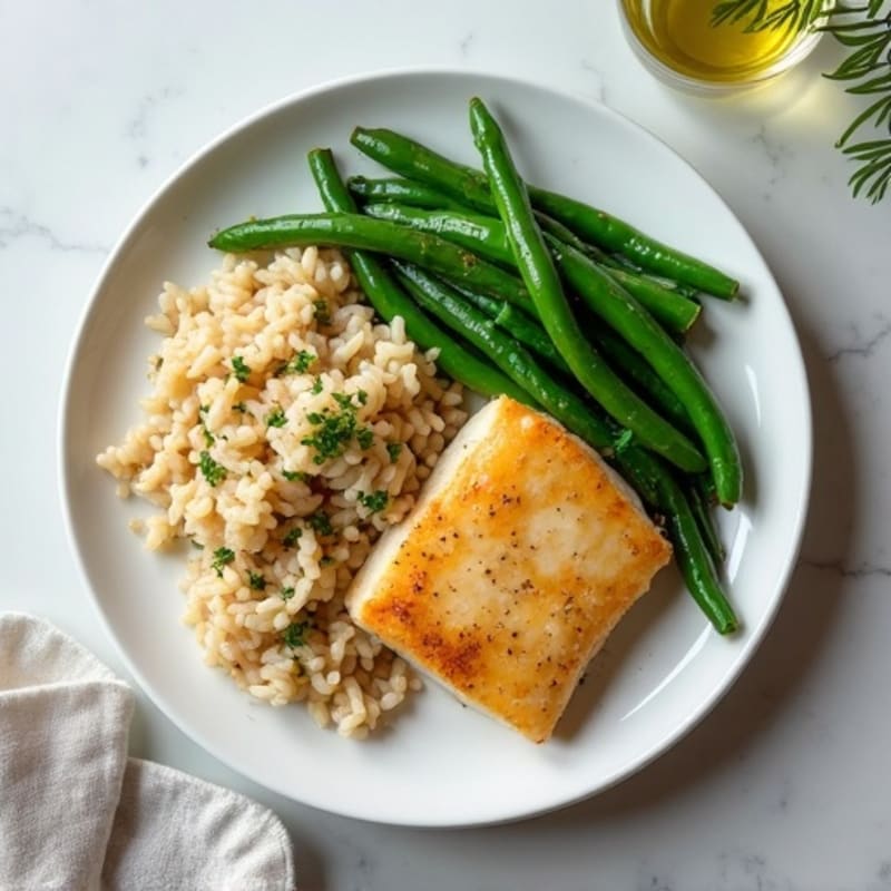 Seared Cod with Garlic Green Beans and Herbed Brown Rice