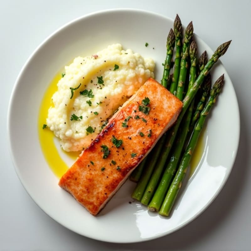 Seared Salmon with Steamed Asparagus and Garlic Cauliflower Mash