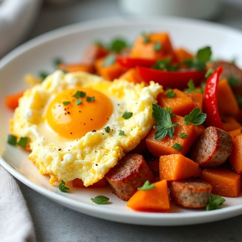 Crispy Sweet Potato and Bell Pepper Hash with Scrambled Eggs and Savory Turkey Sausage