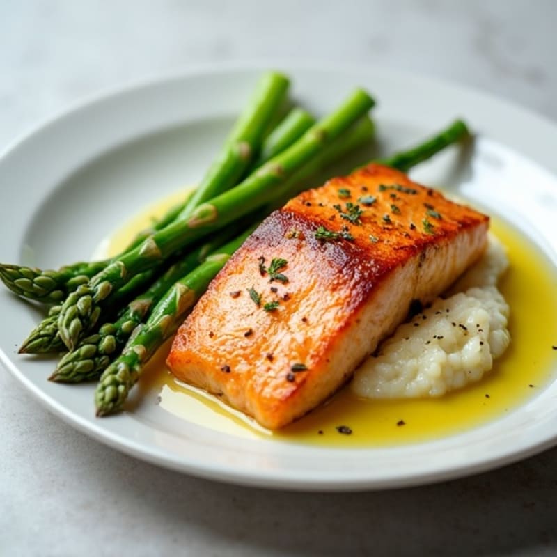 Seared Salmon with Steamed Asparagus and Cauliflower Mash