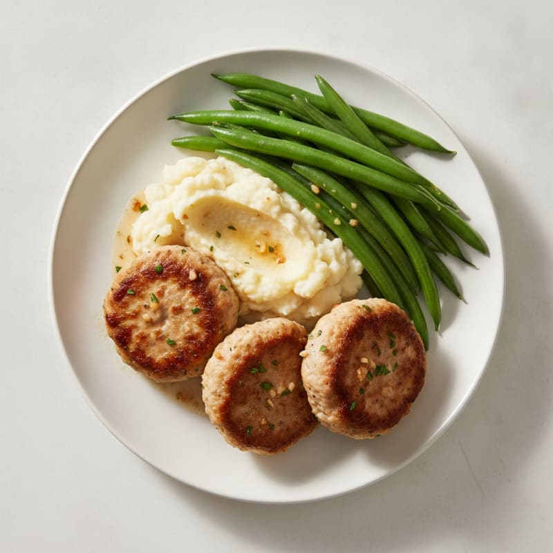 Seared Turkey Patties with Steamed Green Beans and Mashed Cauliflower