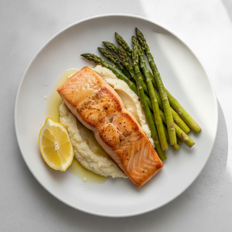 Seared Salmon Fillet with Roasted Asparagus and Cauliflower Mash