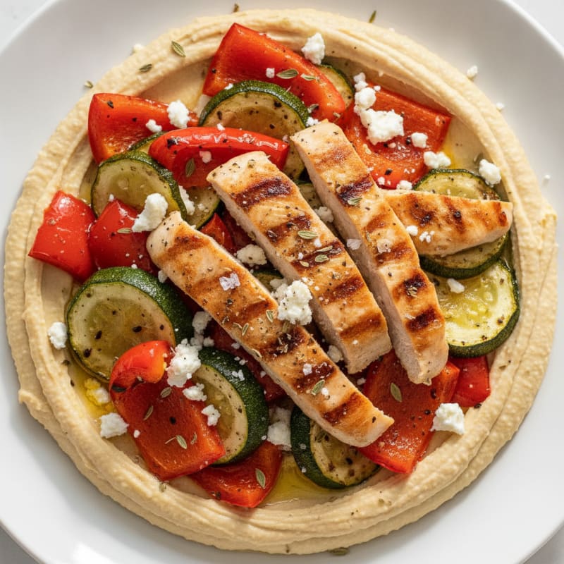 Mediterranean Hummus Platter with Roasted Vegetables and Feta