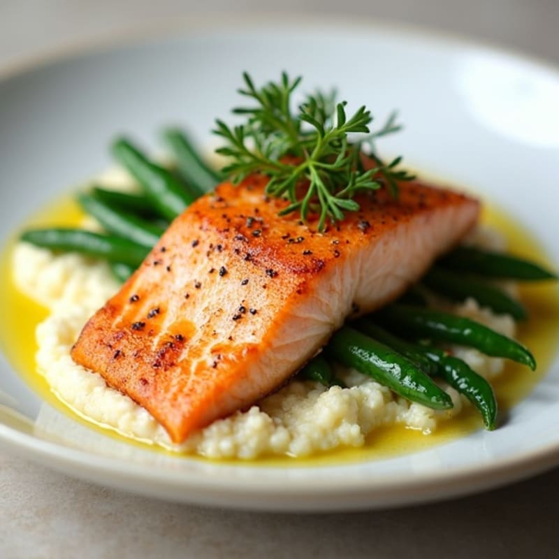 Seared Salmon Fillet with Steamed Green Beans and Cauliflower Mash