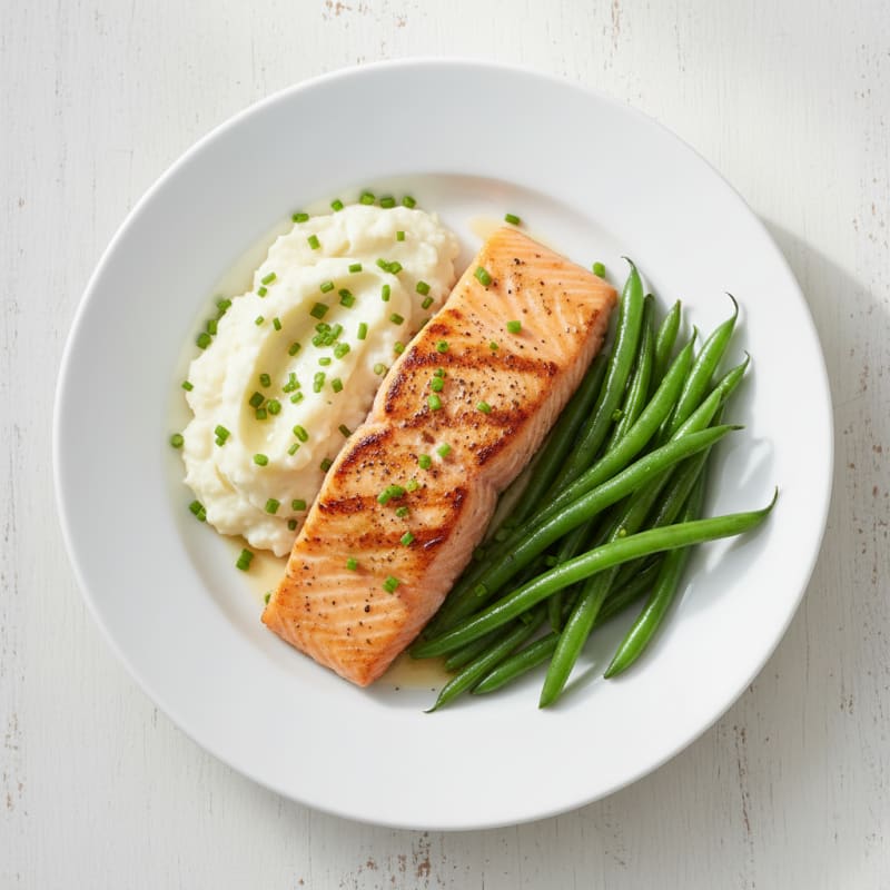 Seared Salmon with Steamed Green Beans and Garlic Mashed Cauliflower