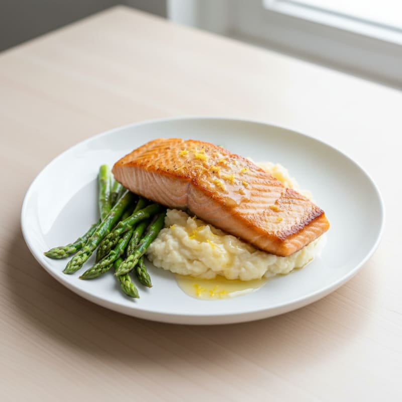 Seared Salmon with Steamed Asparagus and Cauliflower Mash