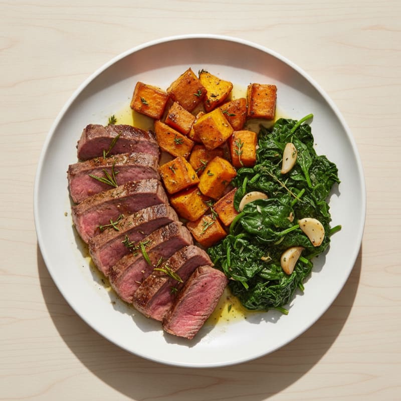 Herb-Marinated Steak with Roasted Sweet Potato and Garlic Spinach
