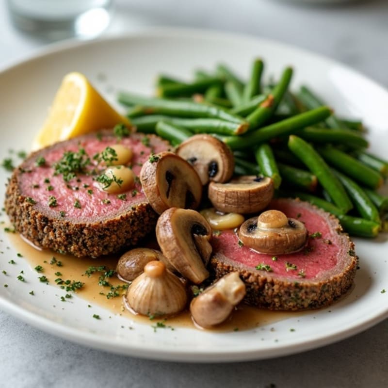 Herb-Crusted Beef Tenderloin with Mushroom Sauce