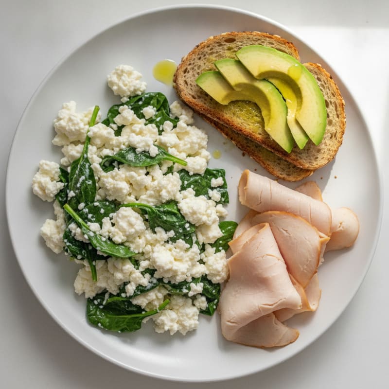 Egg White Spinach Scramble with Cottage Cheese and Sliced Turkey