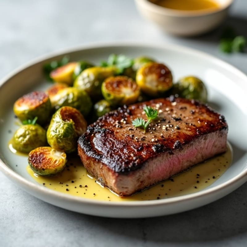 Pan-Seared Beef Filet with Crispy Roasted Brussels Sprouts