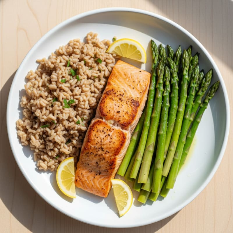 Seared Salmon with Steamed Asparagus and Brown Rice